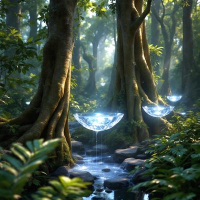 The primary subject of the image is a tree with a bowl-shaped object hanging from it. The setting is a forest with a stream of water nearby. The visual style is digital art, and the colors and mood are serene and natural.